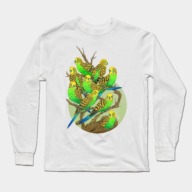 Green and Gold Budgies Long Sleeve T-Shirt by Marta Tesoro